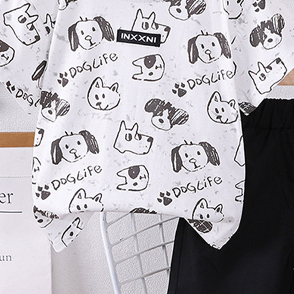 Boys Black Dog Printed Short Sleeves T-shirt With Shorts Set Sets
