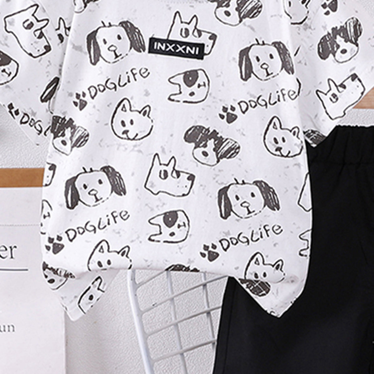Boys Black Dog Printed Short Sleeves T-shirt With Shorts Set Sets