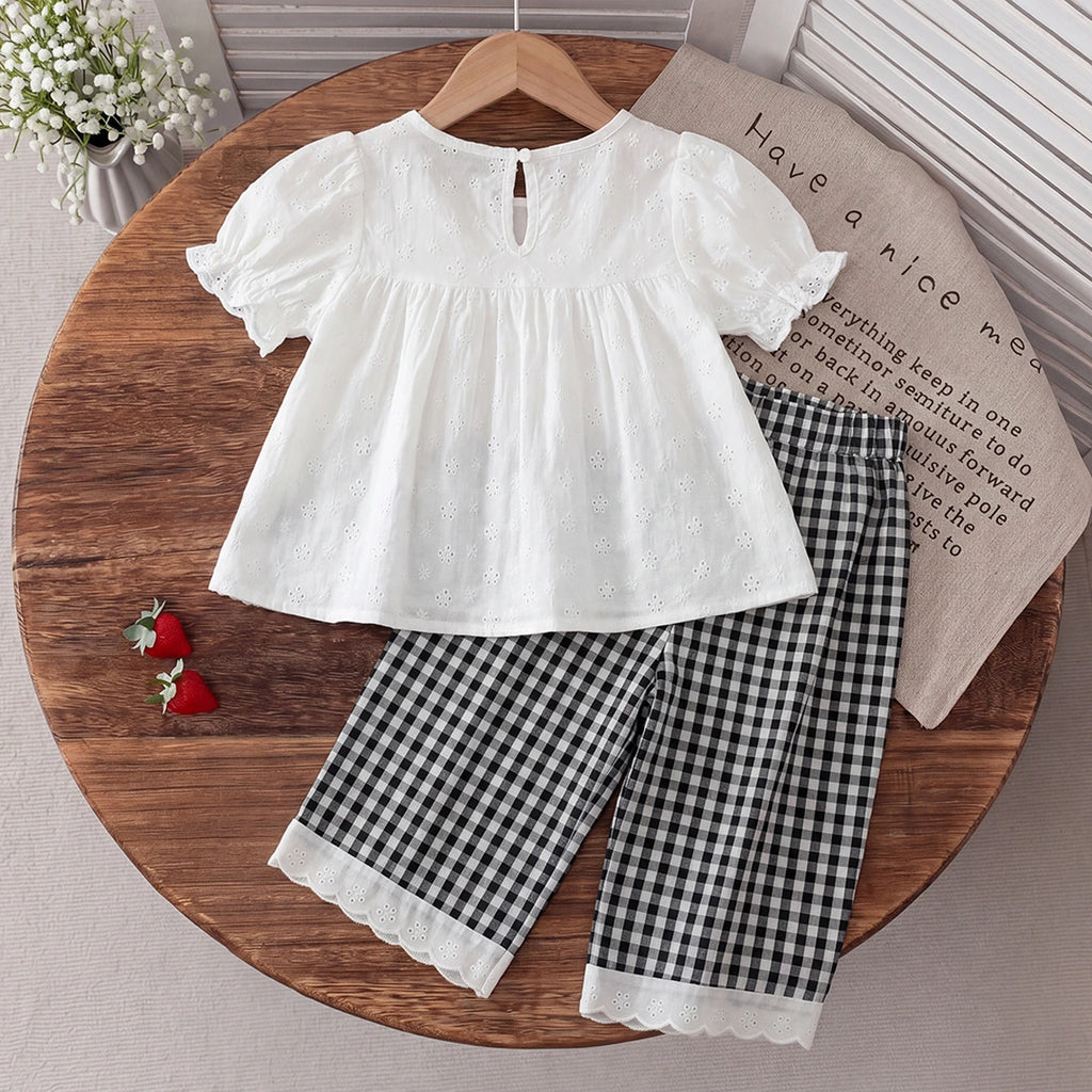 Girls White Schiffli Embroidered Puff Sleeve Top With Checked Pants Sets 2 pc. Sets