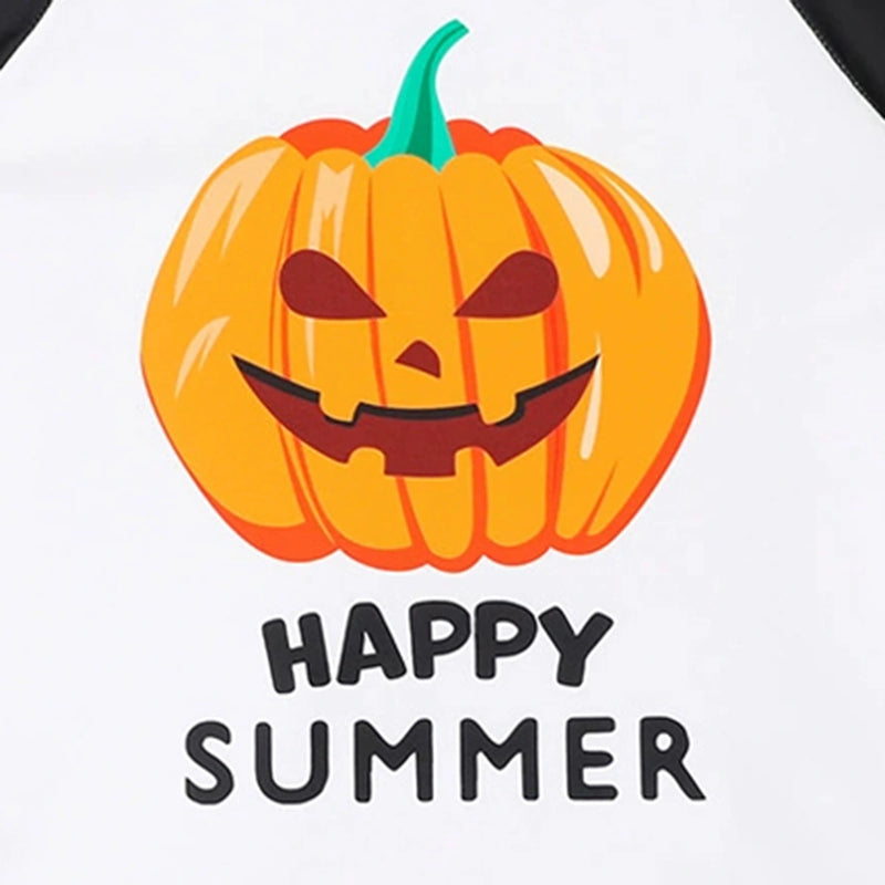 Boys White Pumpkin Cartoon Printed T-Shirt With Stripe Shorts Swimwear Sets Sets