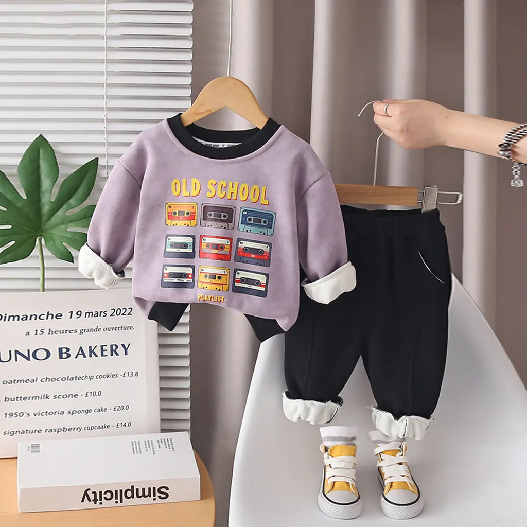 Boys Purple Graphics Printed Sweatshirt With Jogger Sets Sets Purple 1-2 Y