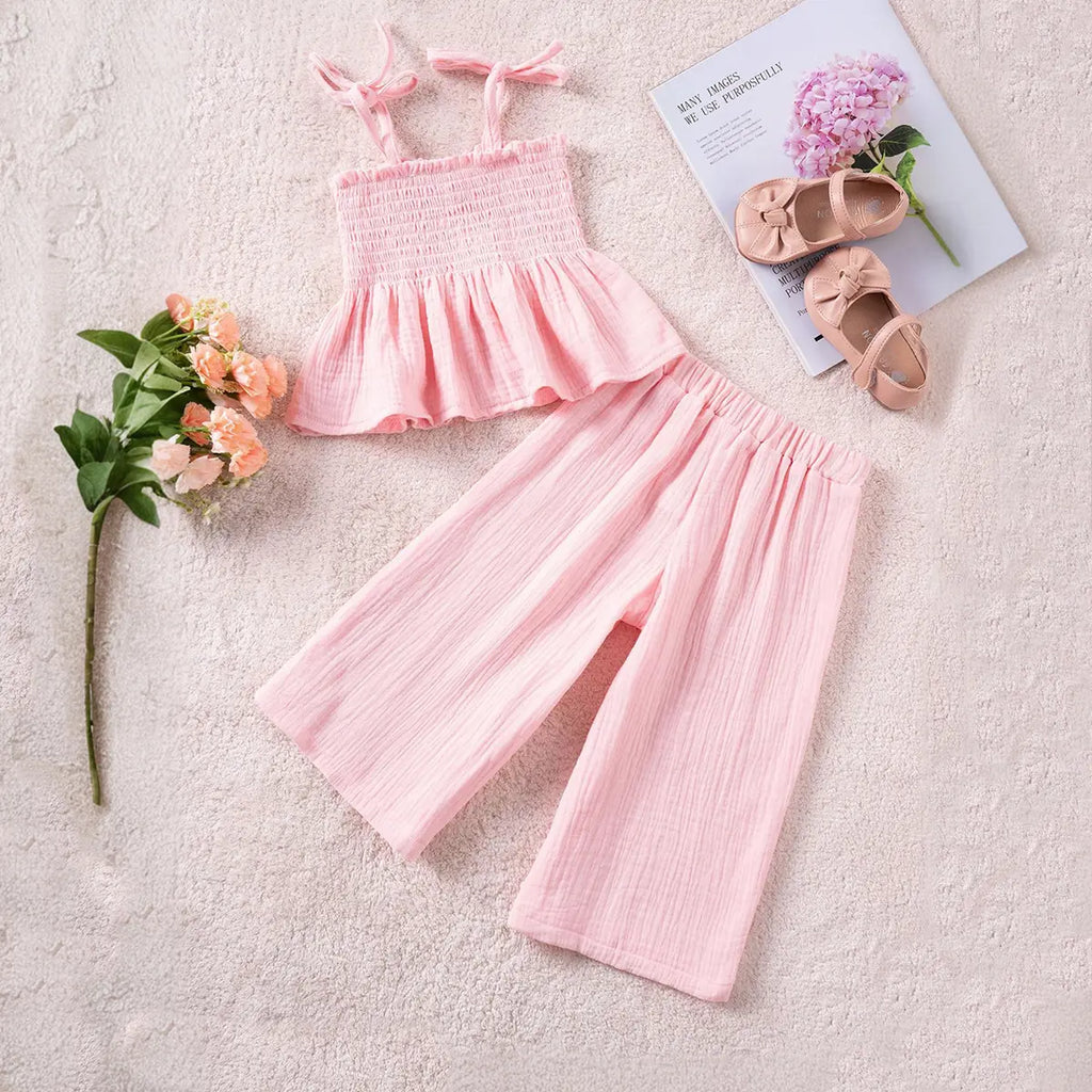 Girls Pink Sleeveless Smocked Peplum Top With Cropped Pants Co-ord Sets Sets