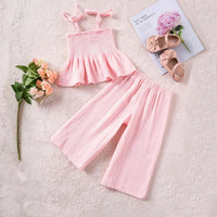Girls Pink Sleeveless Smocked Peplum Top With Cropped Pants Co-ord Sets Sets