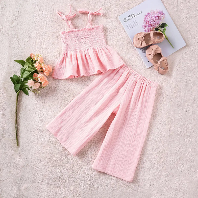 Girls Pink Sleeveless Smocked Peplum Top With Cropped Pants Co-ord Sets Sets