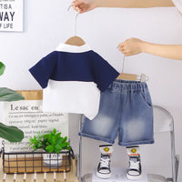 Boys White Typographic Printed Polo T-Shirt With Denim Shorts Sets 2 pc. Sets
