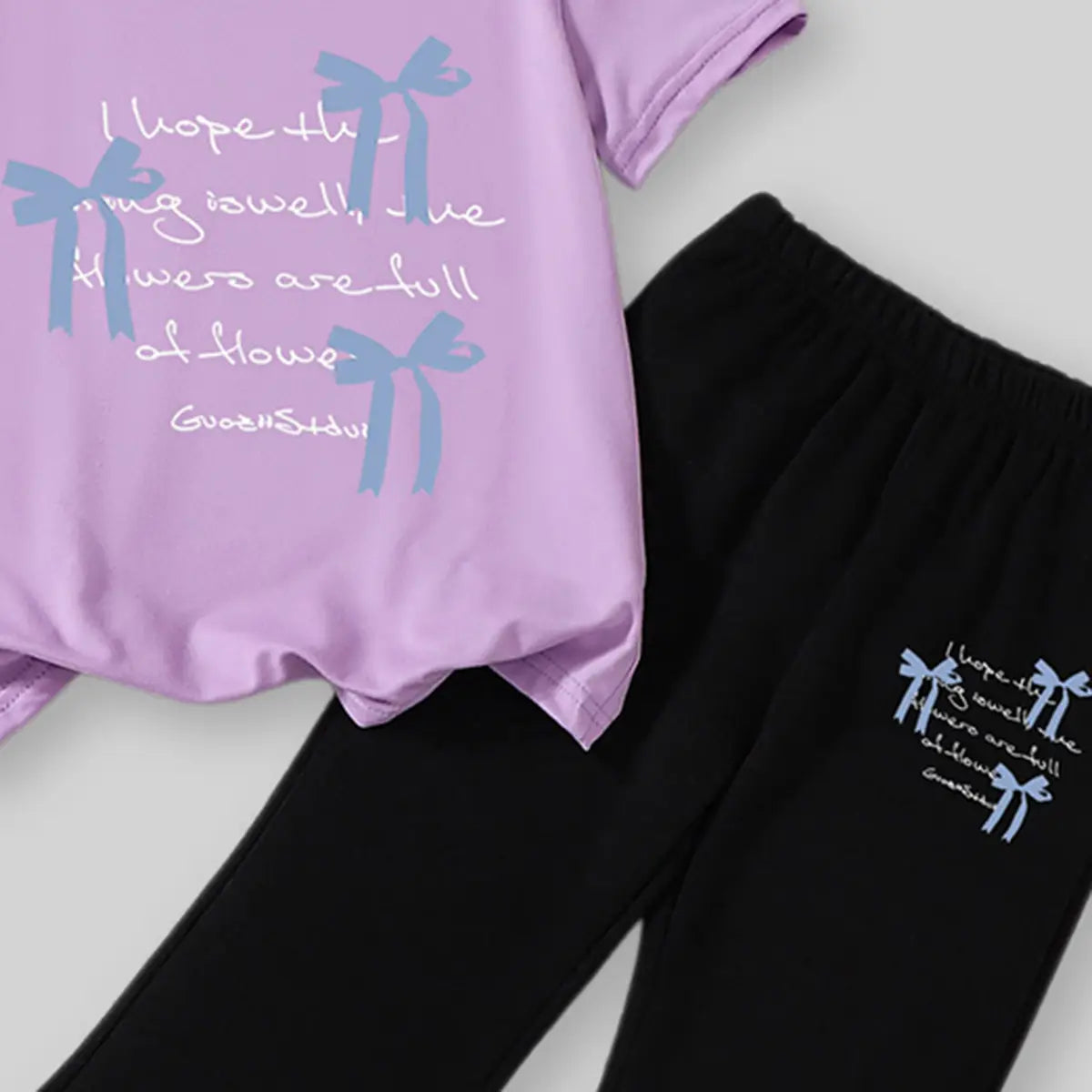 Girls Purple Three Bow Printed T-Shirt With flared Pants Sets Sets