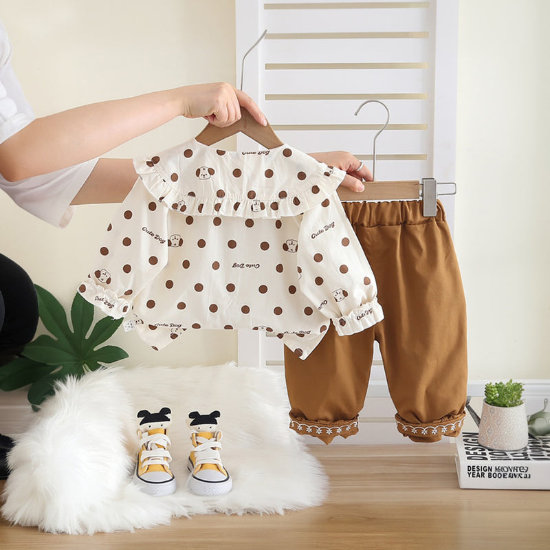 Girls Brown Polka Dot Printed Top With Bow and Pants Set 2 pc. Sets