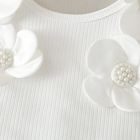 Girls White Flowers Applique Sleeveless Top With Wrap Skorts Set Sets