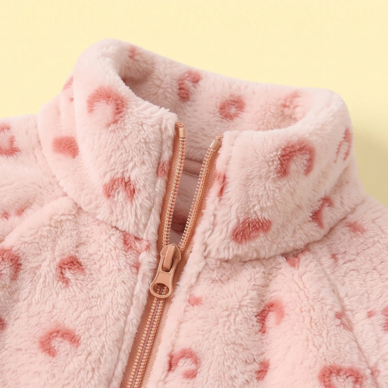 Girls Pink Leopard Printed Fleece Jacket & Pants Co-ord Sets Sets