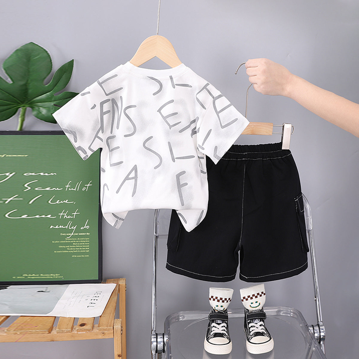 Boys Alphabetic Printed T-Shirt With Black Cargo Shorts Set 2 pc. Sets