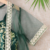 Girls Dark Green Floral Print Sleeveless Fit & Flare Dress With Shrug Casual Dresses