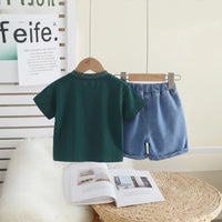 Girls Green Cat Motif Short Sleeve T-Shirt With Denim Shorts Sets 2 pc. Sets