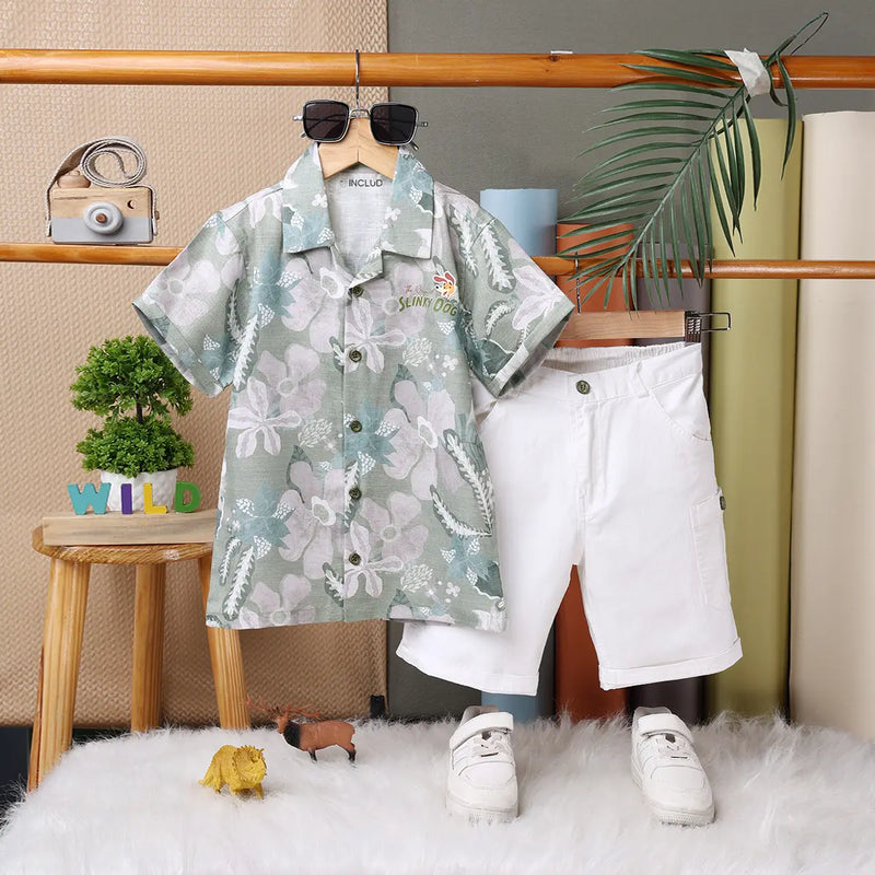 Boys Light Green Tropical Print Short Sleeve Shirt With Elasticated Shorts Sets Sets Light Green 1-2 Y