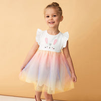 Girls Short Sleeve Foil Print Tulle Overlay Dress Casual Dresses White 1-2 Y 