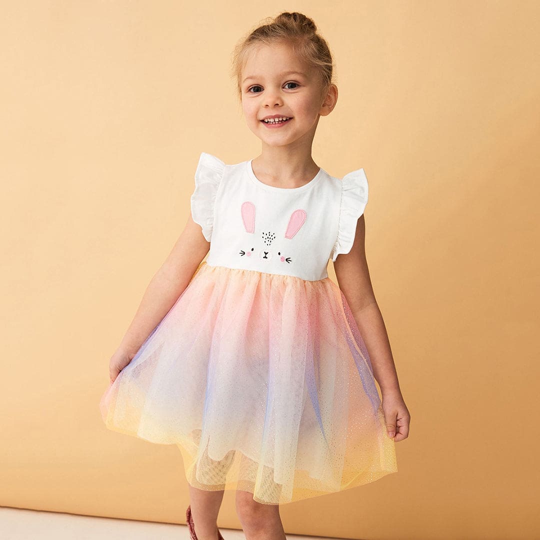 Girls Short Sleeve Foil Print Tulle Overlay Dress Casual Dresses White 1-2 Y 