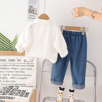 Boys White Three Cat Cartoon Printed Polo Shirt With Denim Pants Set Sets