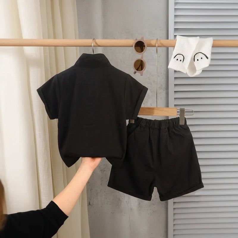 Boys Black Typographic Printed Short Sleeve T-Shirt With Elasticated Shorts Sets 2 pc. Sets
