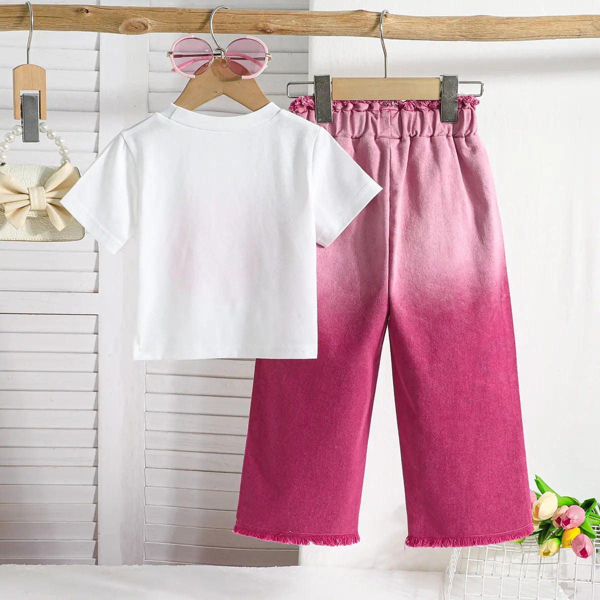 Girls Pink Flower Applique T-Shirt With Ombre Print Pants Sets Sets