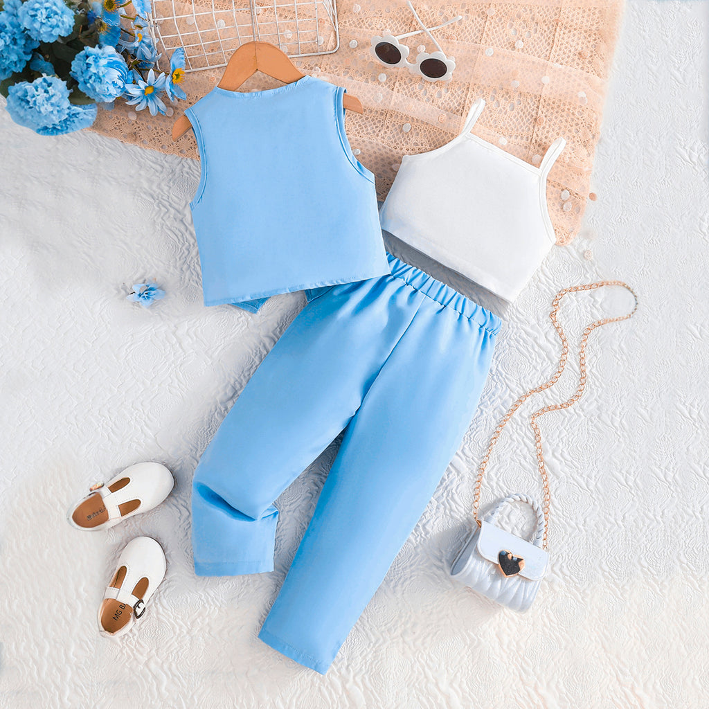 Girls Sky Blue Floral Applique Waistcoat With Camisole Top And Pants Set 3 pc. Sets