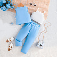 Girls Sky Blue Floral Applique Waistcoat With Camisole Top And Pants Set 3 pc. Sets