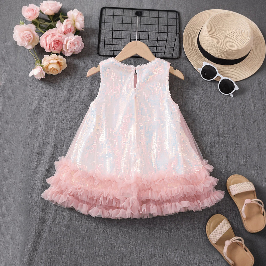 Girls Light Pink Sequins Embellished Sleeveless Flared Party Dress Party Dresses