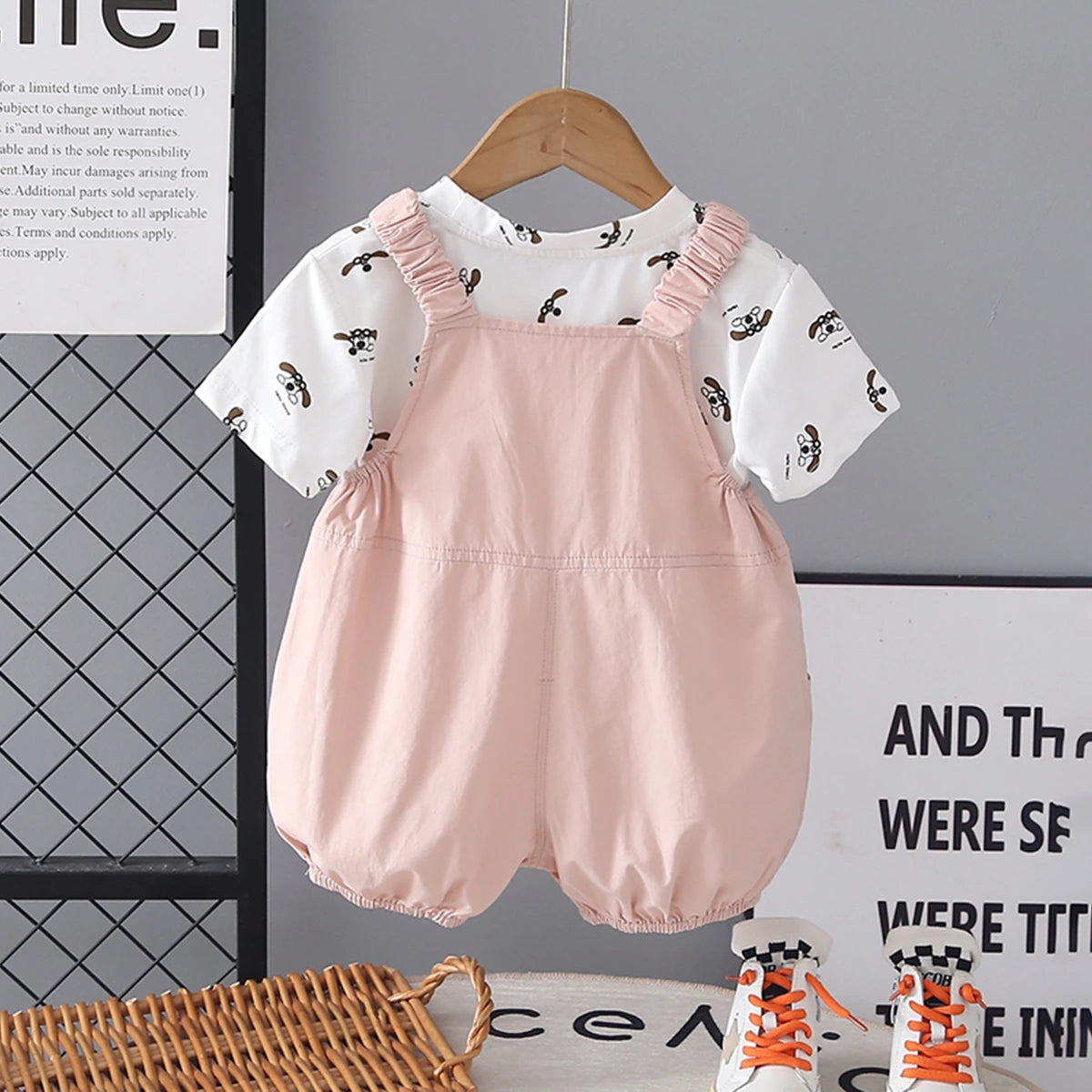 Girls Pink Embroidered Dungaree With Puppy Print T-Shirt Set Sets