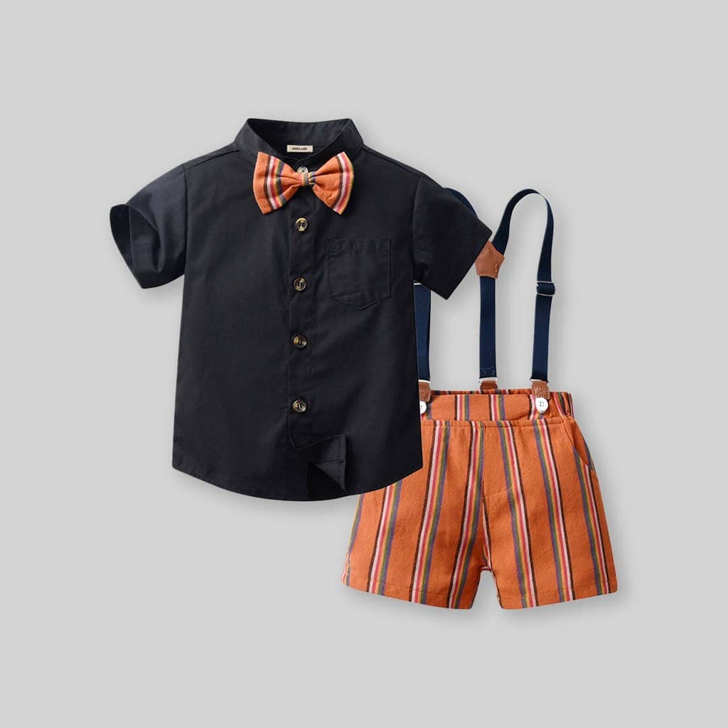 Boys Black Short Sleeve Shirt With Suspender Striped Shorts 2 pc. Sets Black 1-2 Y 