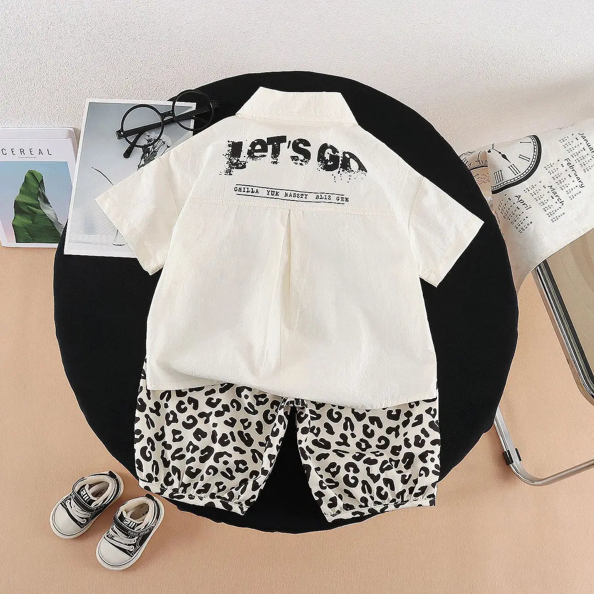 Boys Beige Animal Print Shirt with Elasticated Shorts Sets 2 pc. Sets