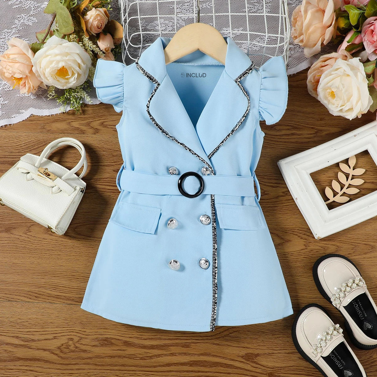 Girls Light Blue Cap Sleeve Belted Blazer Dress Casual Dresses Light Blue 1-2 Y