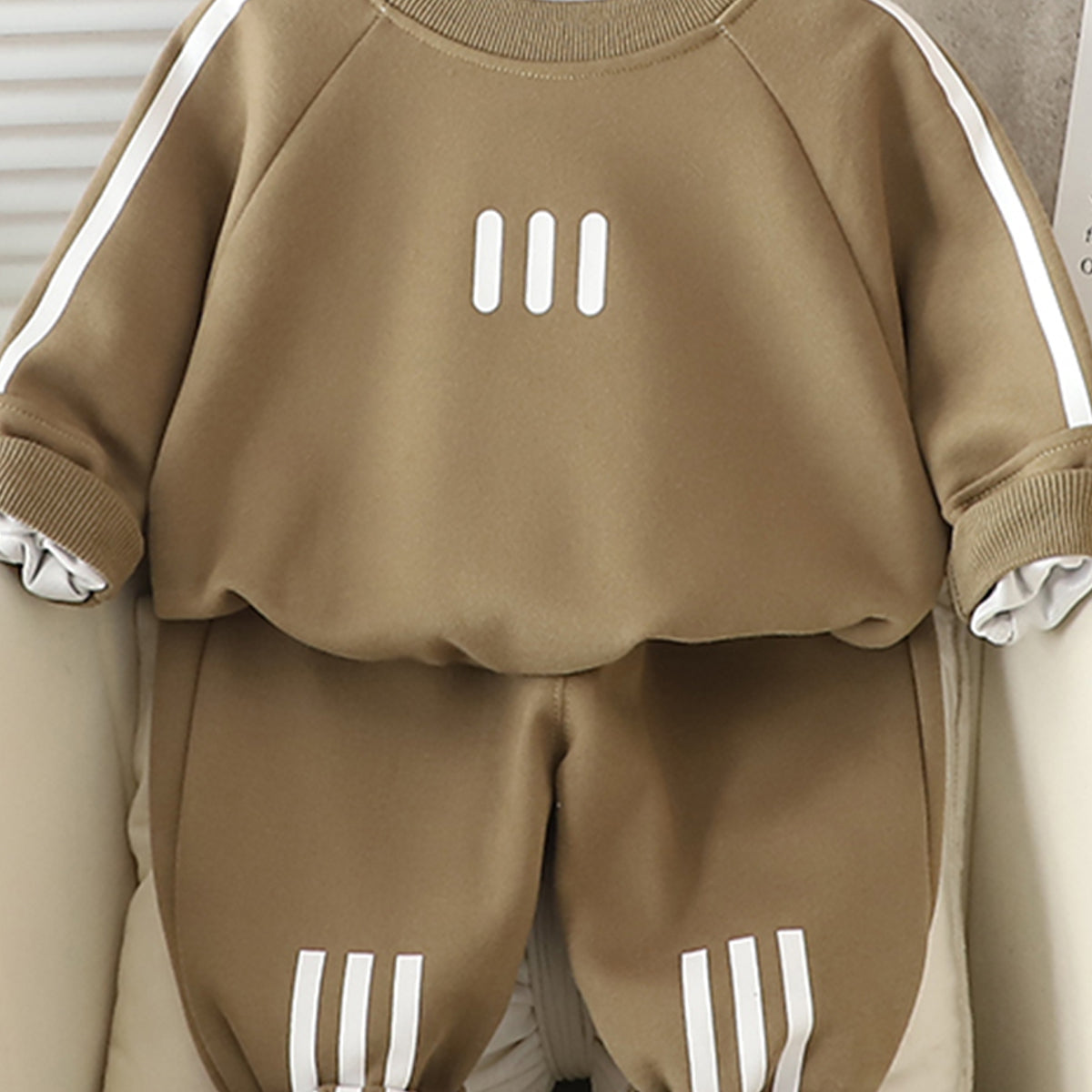Boys Light Brown Three Stripes Printed Winter Sweatshirt With Pants Set 2 pc. Sets
