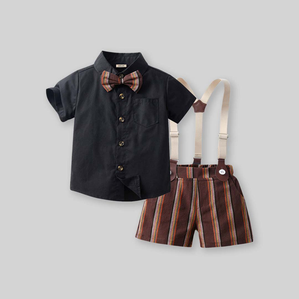 Boys Short Sleeve Shirt With Suspender Striped Shorts