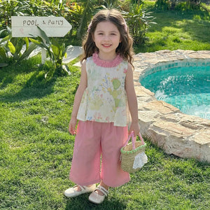 Girls Pink Cactus Print Ruffle Neck Top With Pants Sets Sets Pink 1-2 Y