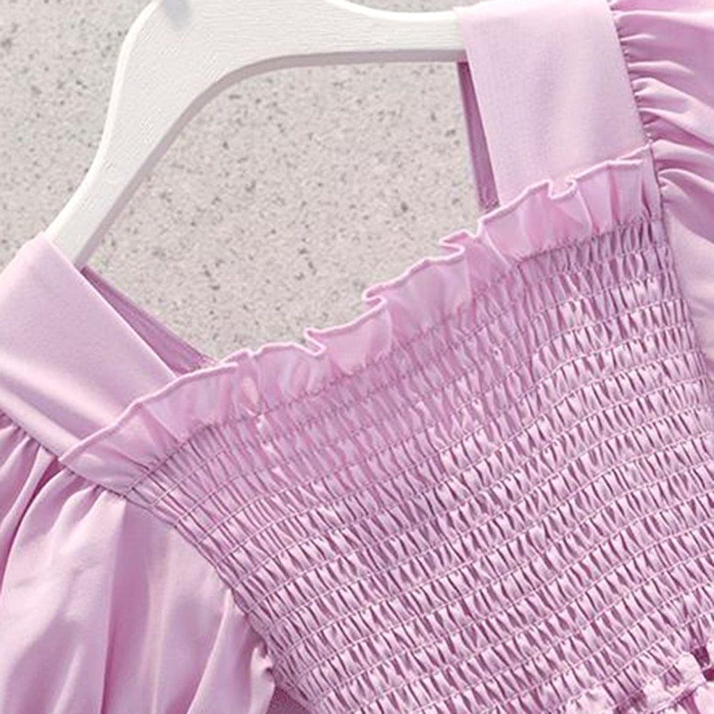 Girls Puff Sleeves Elasticated Smocking Tiered Dress Casual Dresses   