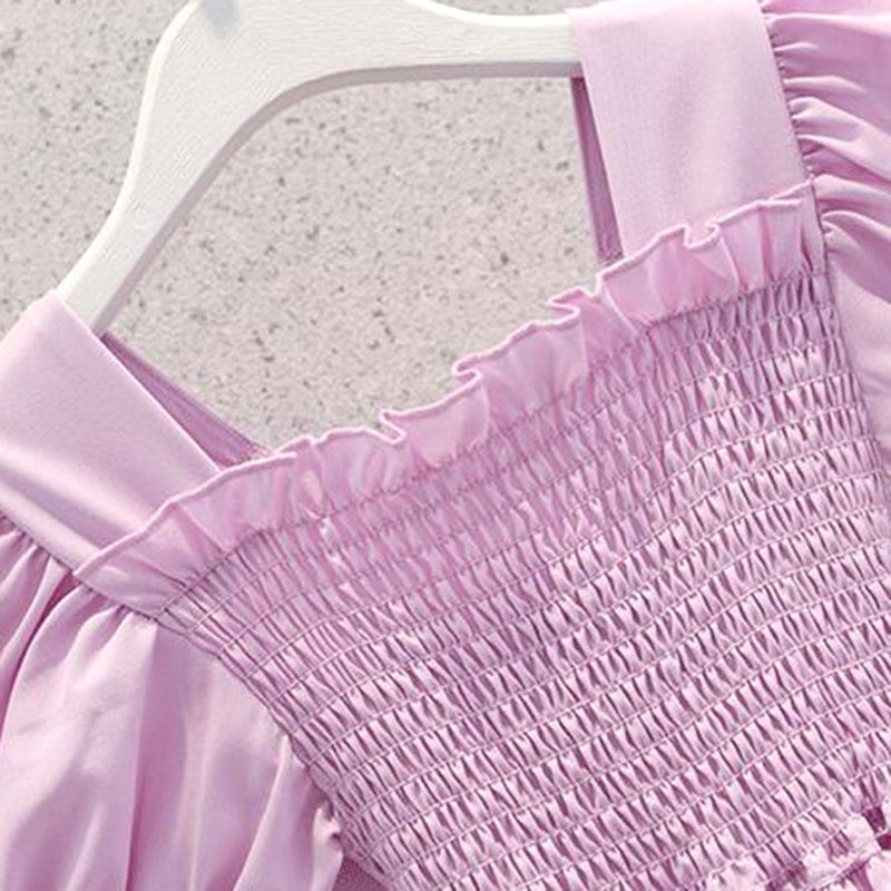 Girls Puff Sleeves Elasticated Smocking Tiered Dress Casual Dresses   