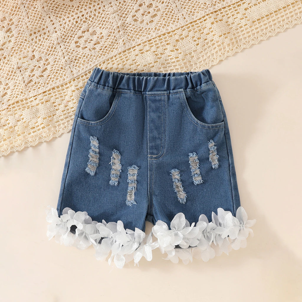 Girls Light Blue Checked Peplum Top With Distressed Denim Shorts Set Sets