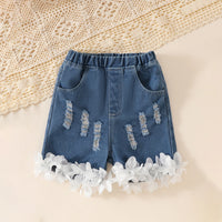 Girls Light Blue Checked Peplum Top With Distressed Denim Shorts Set Sets