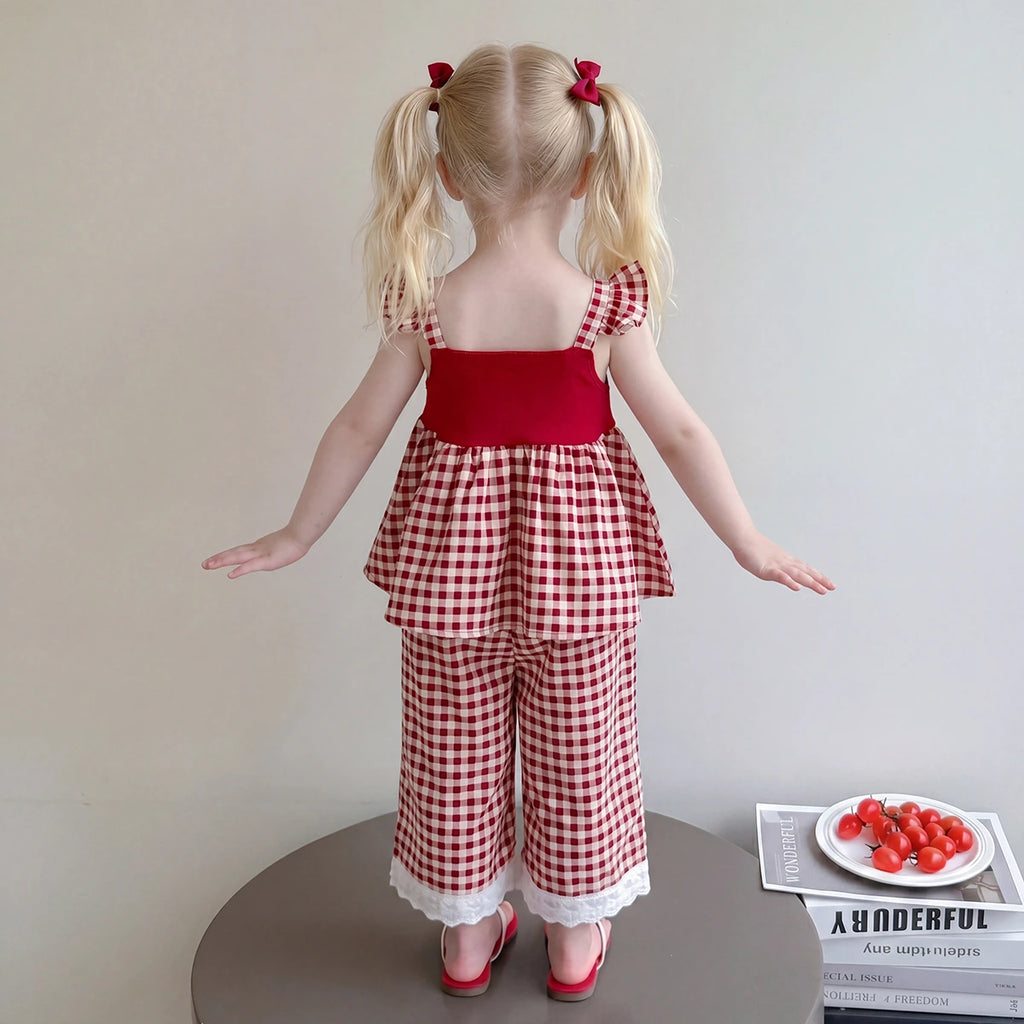 Girls Red Checked Sleeveless Top With Pants Sets 2 pc. Sets
