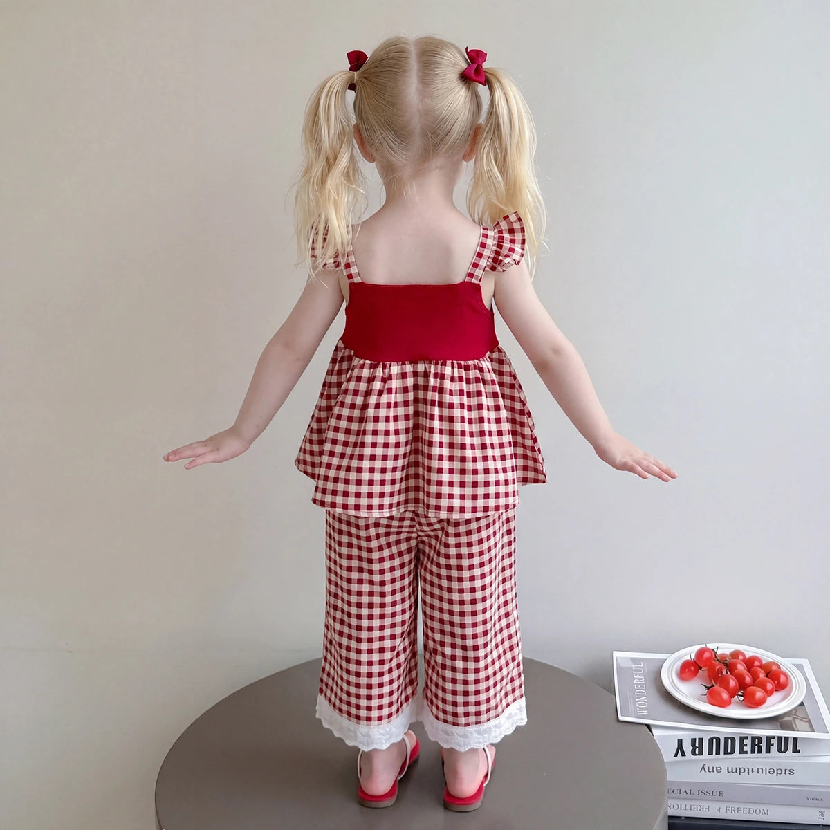 Girls Red Checked Sleeveless Top With Pants Sets 2 pc. Sets