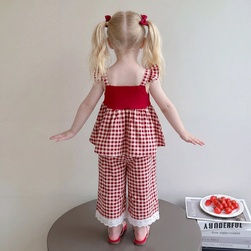 Girls Red Checked Sleeveless Top With Pants Sets 2 pc. Sets