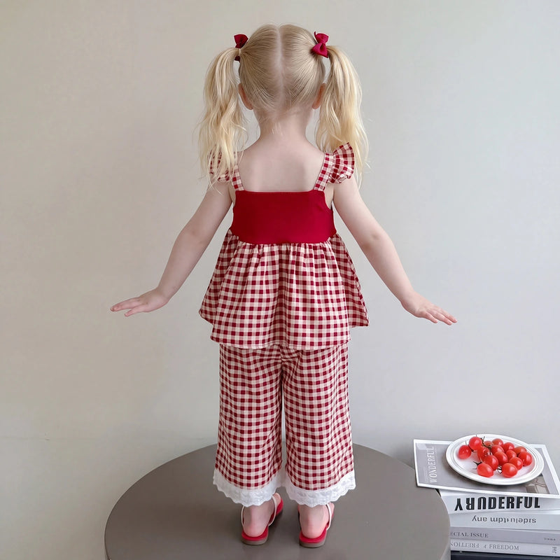 Girls Red Checked Sleeveless Top With Pants Sets 2 pc. Sets