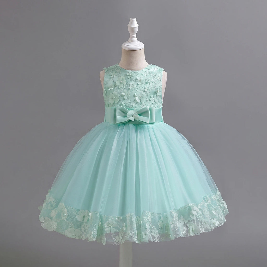 Girls Light Green Floral Applique Sleeveless Tutu Party Wear Dress Party Dresses Light Green 1-2 Y