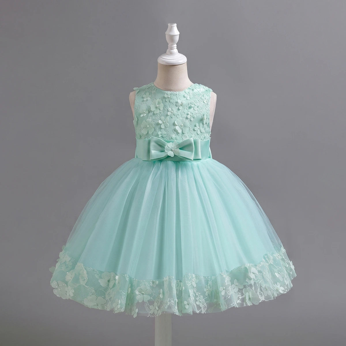Girls Light Green Floral Applique Sleeveless Tutu Party Wear Dress Party Dresses Light Green 1-2 Y