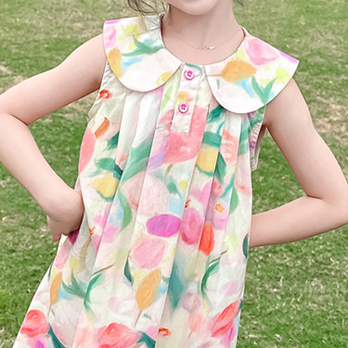Girls Multicolour Floral Print Sleeveless Peter Pan collar A-Line Dress Casual Dresses