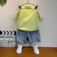 Boys Green Typography Print Short Sleeve Polo T-Shirt With Denim Shorts Sets 2 pc. Sets