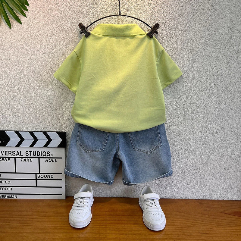Boys Green Typography Print Short Sleeve Polo T-Shirt With Denim Shorts Sets 2 pc. Sets