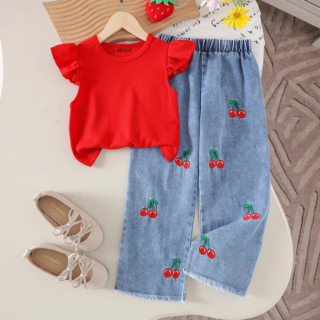 Girls Red Flutter Sleeve Top With Cherry Embroidered Denim Pants Sets 2 pc. Sets Red 2-3 Y
