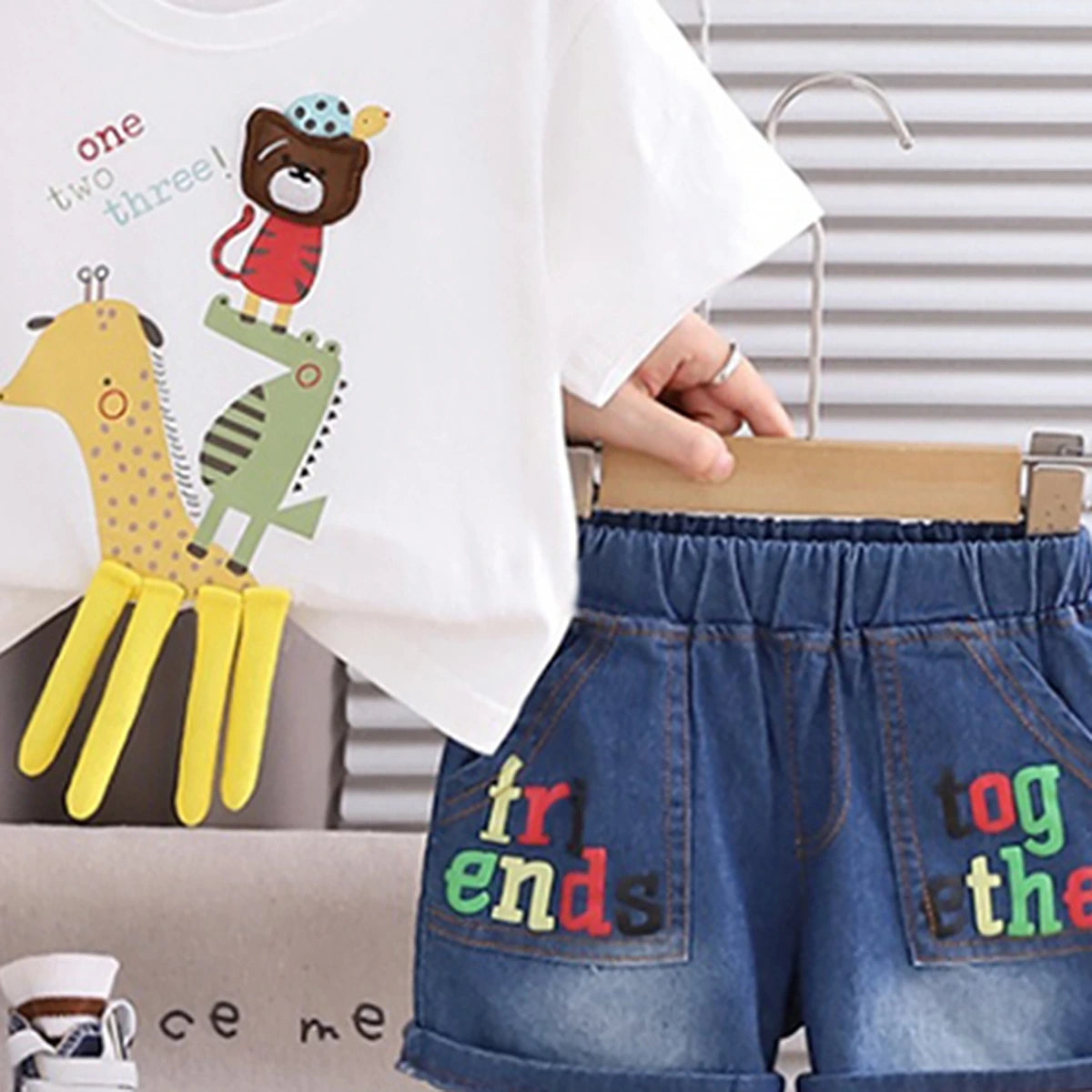 Boys Off White Animal Applique Short Sleeve T-Shirt With Denim Shorts Sets 2 pc. Sets