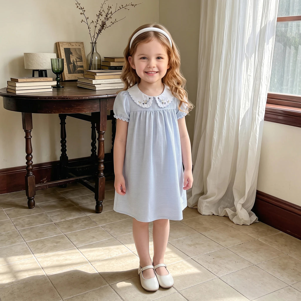 Girls Light Blue Puff Sleeve Pin Stripe Dress Casual Dresses
