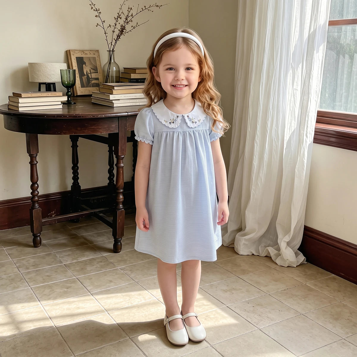 Girls Light Blue Puff Sleeve Pin Stripe Dress Casual Dresses
