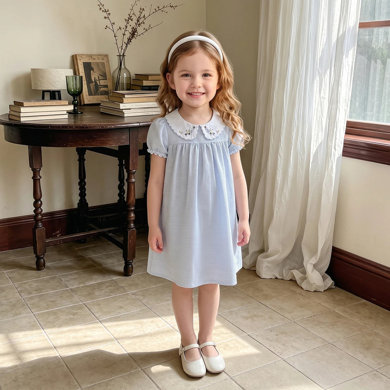 Girls Light Blue Puff Sleeve Pin Stripe Dress Casual Dresses